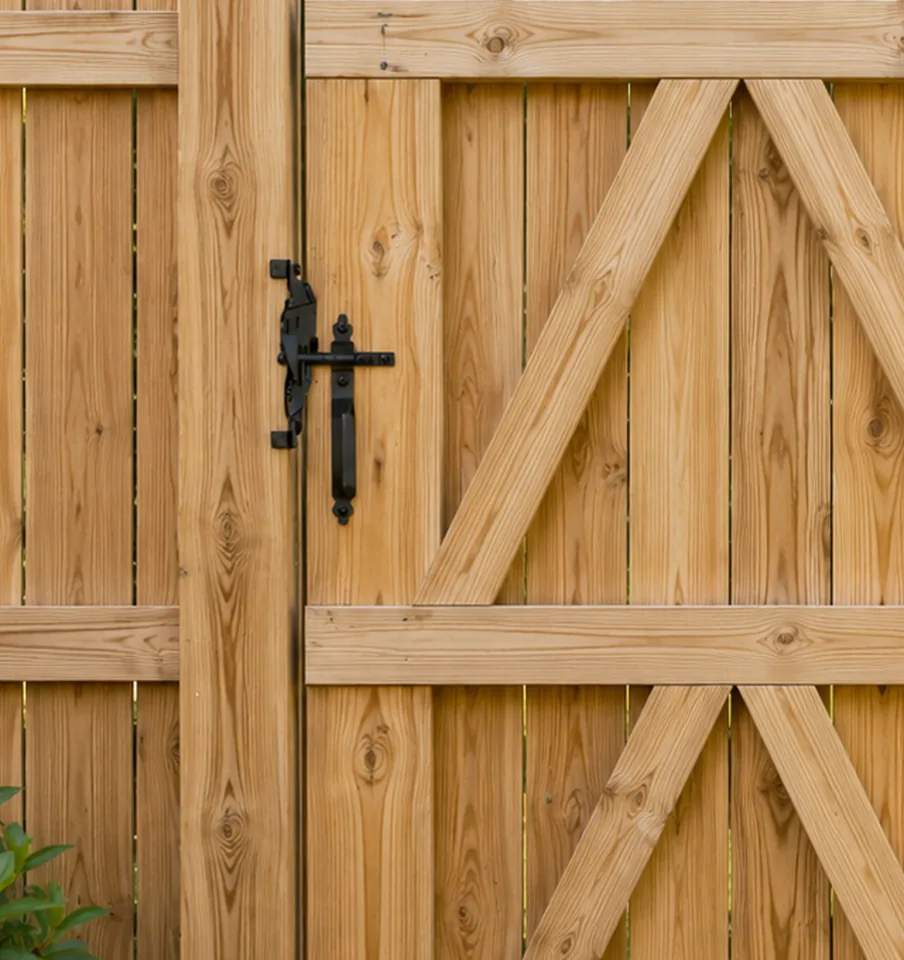 A wooden side gate closed with its black latch engaged